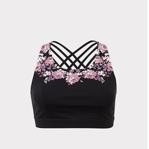Torrid Black Floral Strappy Wicking Sports Bra